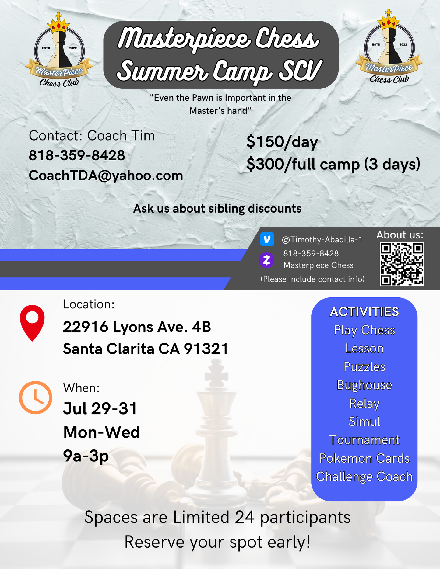 3 Day Masterpiece Chess Camp